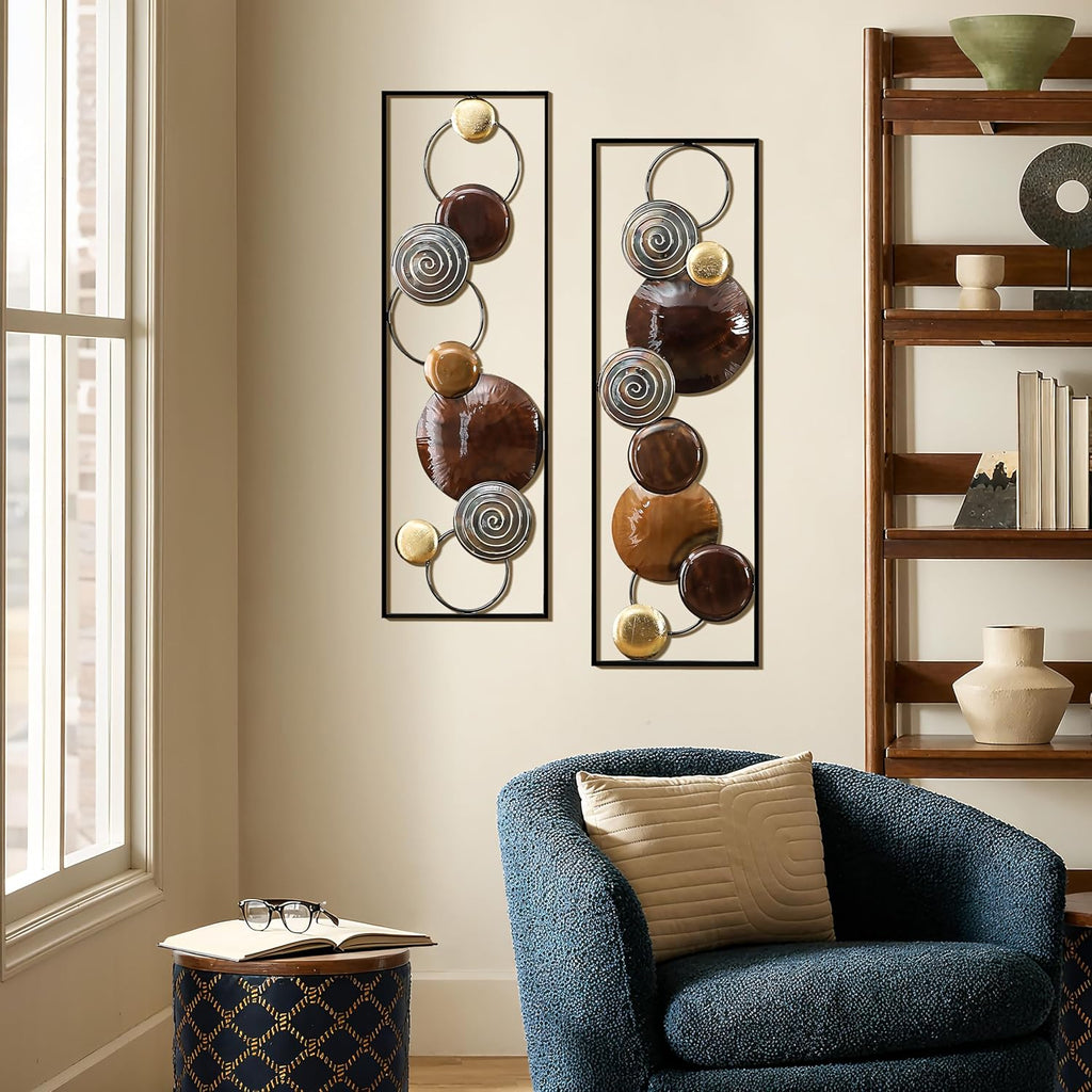 Metal Wall Art, Abstract Wall Decor Brown, 36"x12" - Set of 2