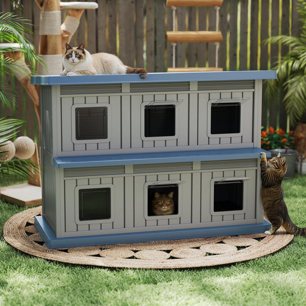 Outdoor Cat House Resin Double-Decker Cat Houses for Cats Weatherproof Large Space Cat Shelter Indoor & Outdoor Use