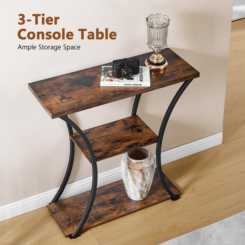 3 Tier Console Table with Open Wood Shelves, Decorative Entryway Table with Curved Metal Frames, Narrow Sofa Table