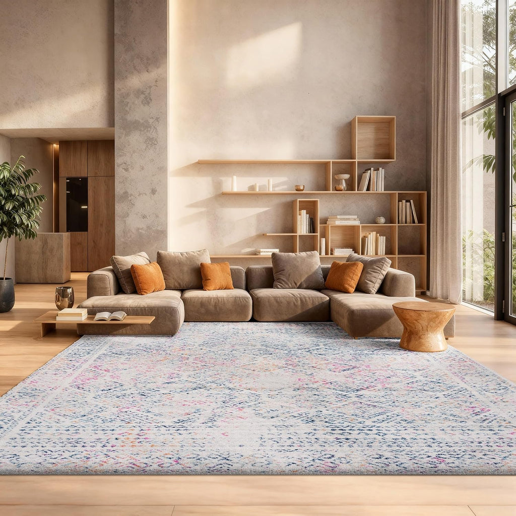 Area Rug 12x15 - Tulum - Large - Ivory & Dark Blue, Moroccan Boho Distressed Design, Non-Shedding & Easy to Clean