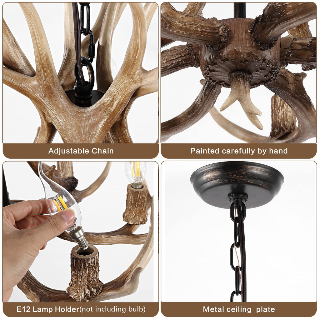 Pre-Assembled 6-Light Resin Faux Deer Antler Chandelier, Rustic