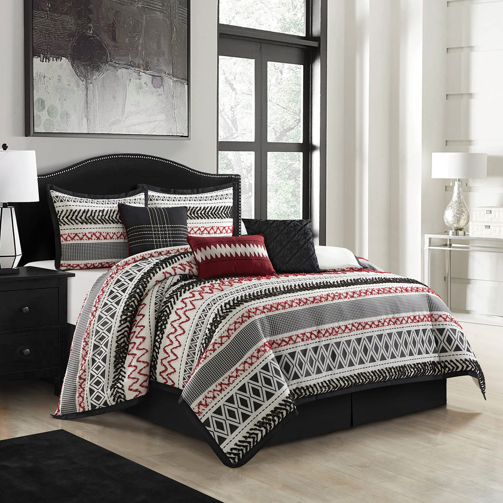 Startford Park Striped Comforter Set, 7 Piece, Black & Red, Bed, Jacquard & Clip Geometric All Season