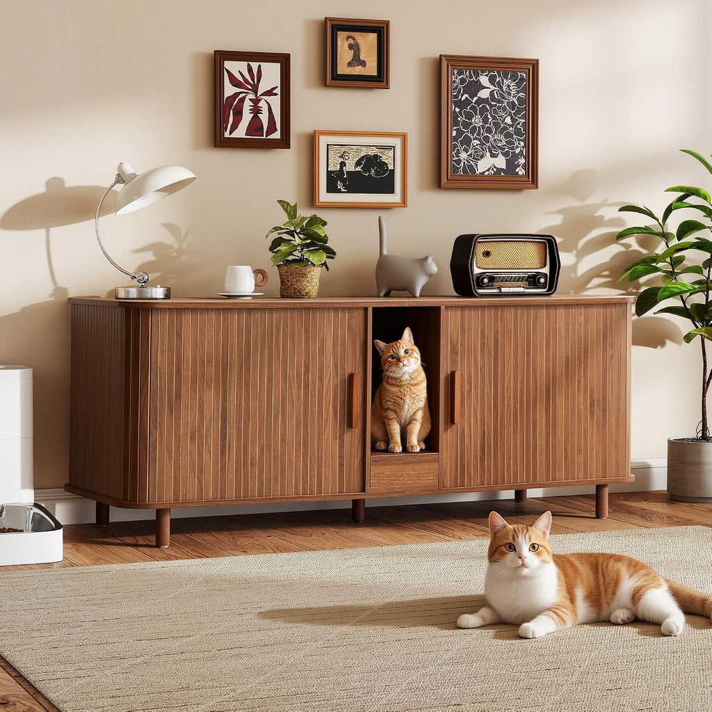 59" Wooden Hidden Double Cat Litter Box Enclosure Furniture