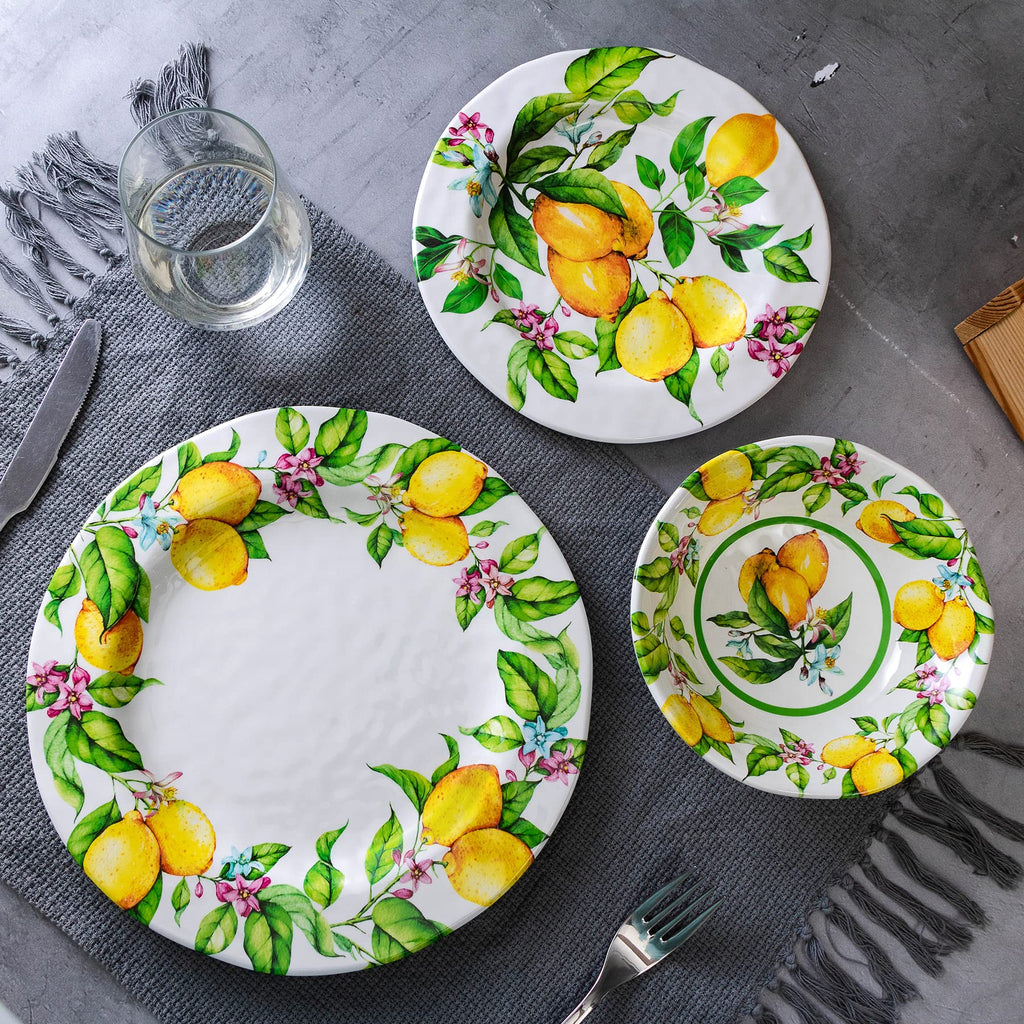 Lemon Melamine Dinnerware Dish Sets, 12 Piece Plates and Bowls Sets