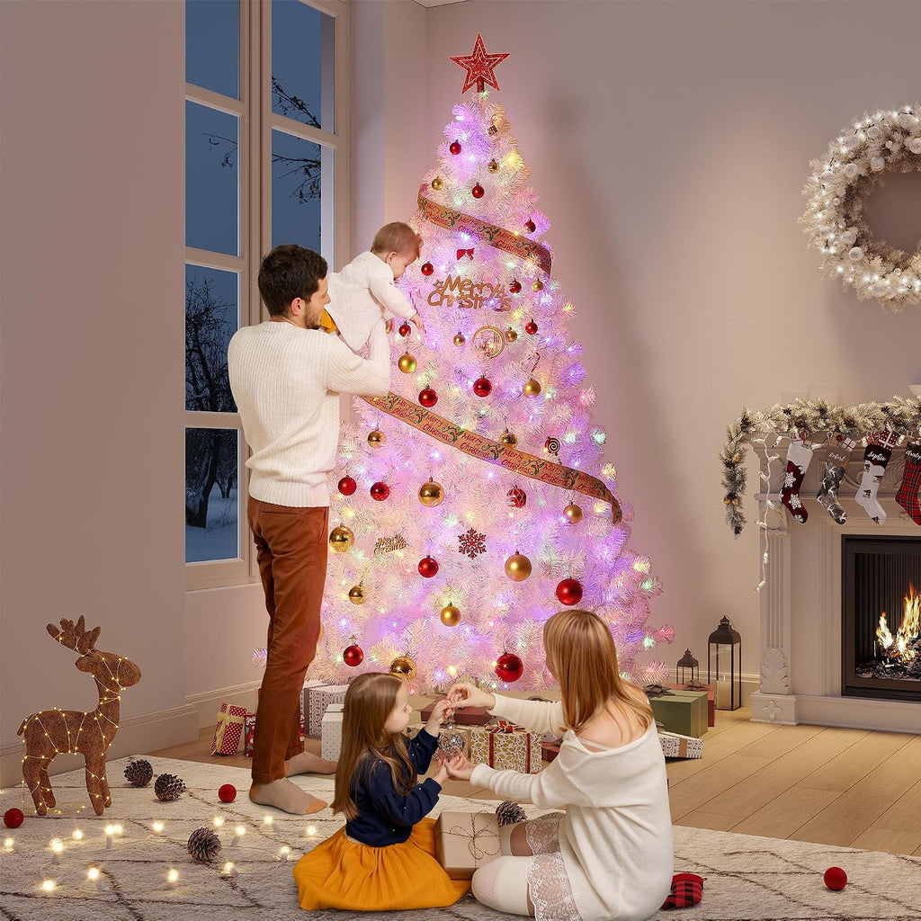 Prelit Artificial Christmas Tree with 800 Warm White Lights, Pre-Lit Snow Flocked Pencil Christmas Tree