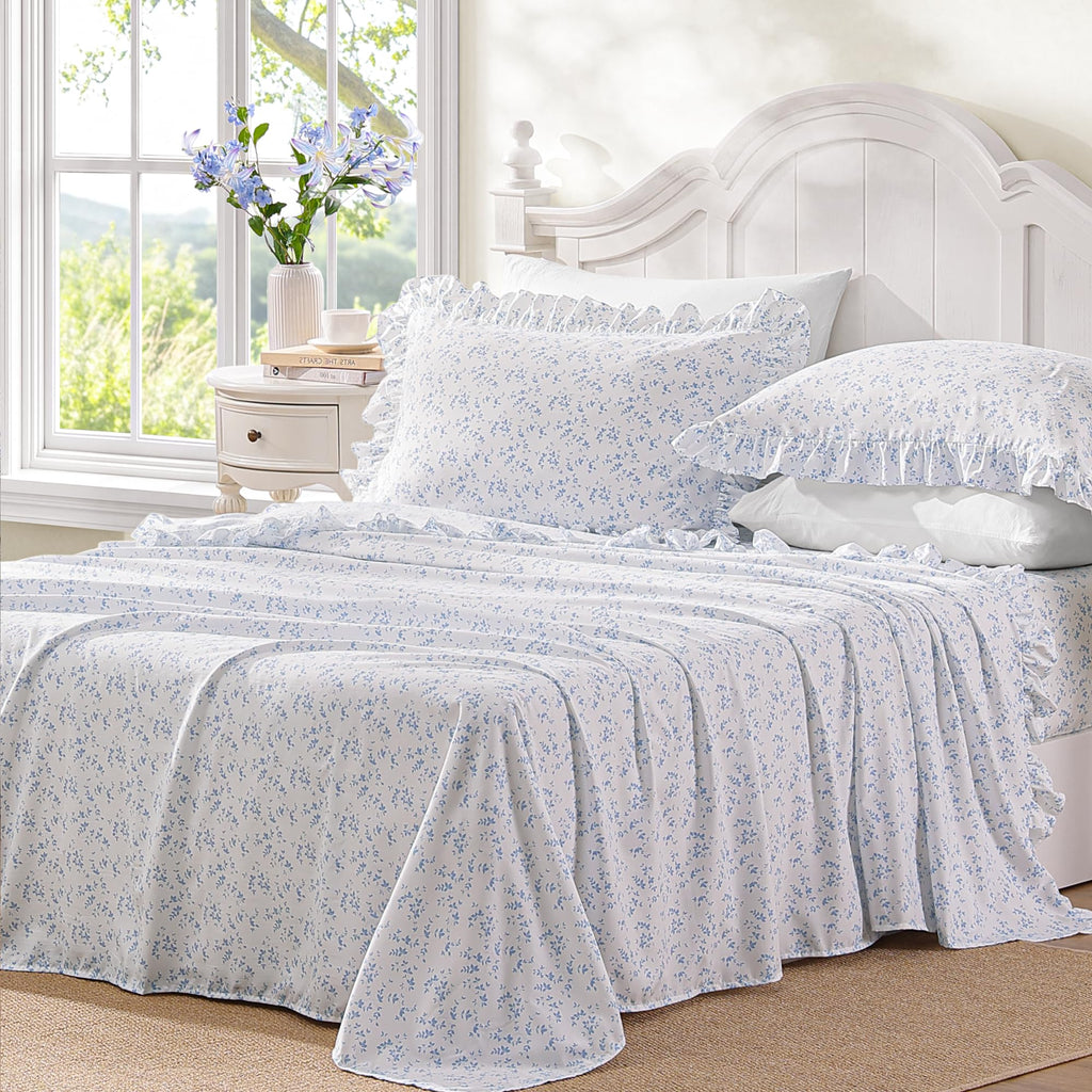 Blue Floral Print Queen Ruffled Sheet Set 4 Pcs - Soft Lightweight Microfiber Bedding Set with Deep Pocket Fitted