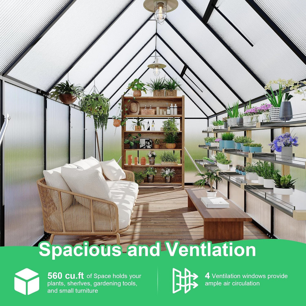 6 x 11 ft Outdoor Polycarbonate Greenhouse Kit, Heavy Duty Greenhouse with Reinforced Aluminum Frame, Adjustable Roof