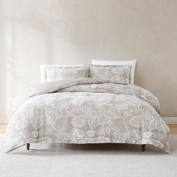 Bali Tropical Leaves Gauze Jacquard Duvet Cover 3 Piece Set Full/Queen Neutral - Tropical Bedding Sets - Brown Duvet