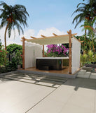 Modern Aluminum Outdoor Pergola with Retractable Canopy and Mesh Sides, Faux Wood Grain, Waterproof Gazebo for Patio
