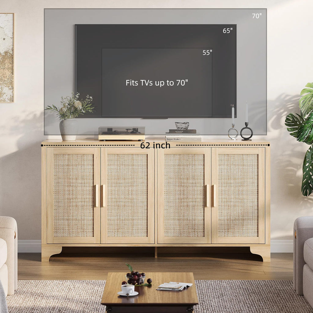 Natural Rattan Storage Cabinet with Shelves, 4-Door Sideboard Buffet Cabinet, Boho TV Stand Console Table, Dinning