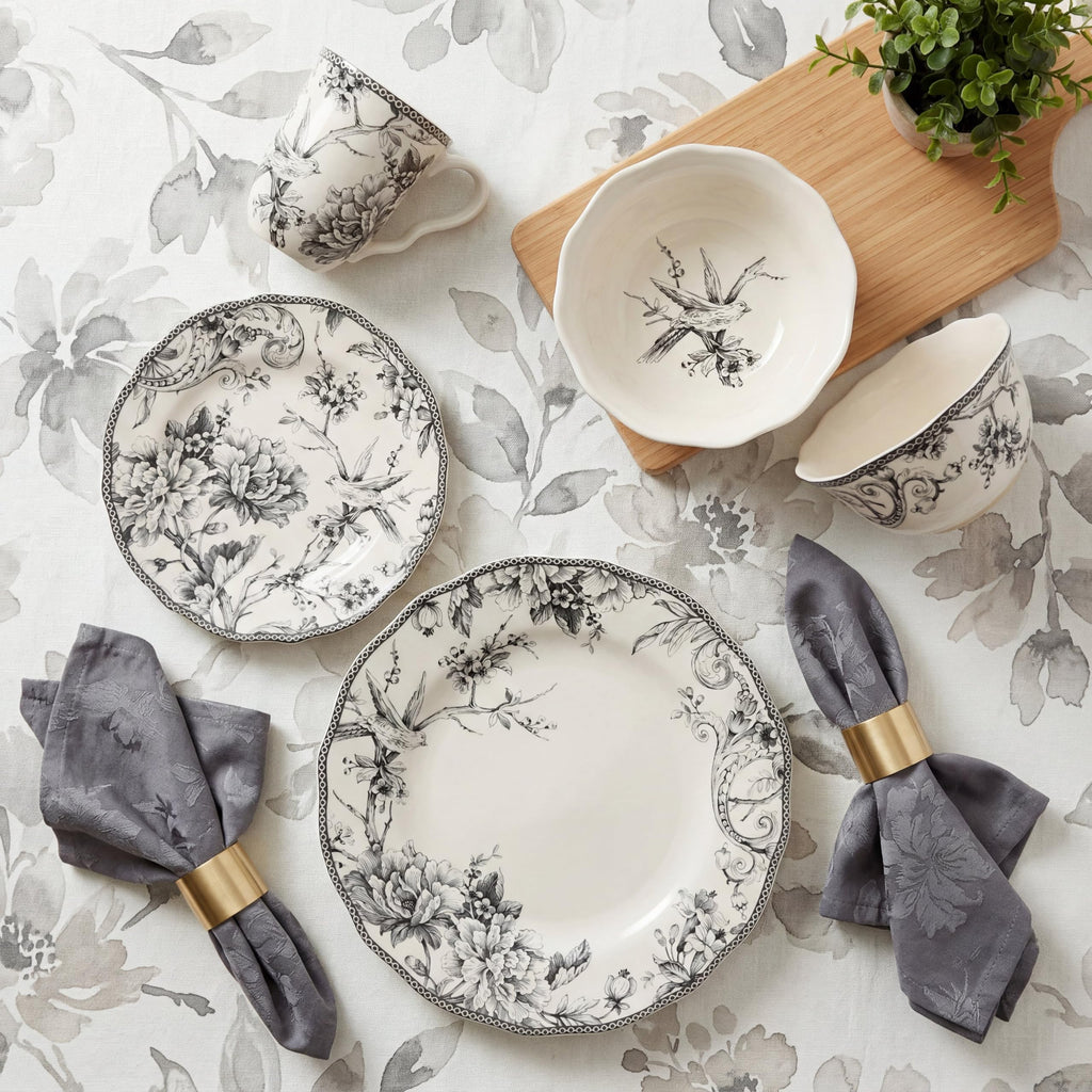 Adelaide 16-Piece Casual Grey Porcelain Dinnerware Set - Service for 4, Classic Toile Bird & Floral Design, Microwave