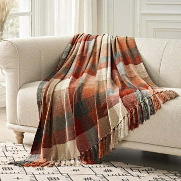 Plaid Chenille Fall Throw Blanket, 50"x60", Harvest Orange Plaid