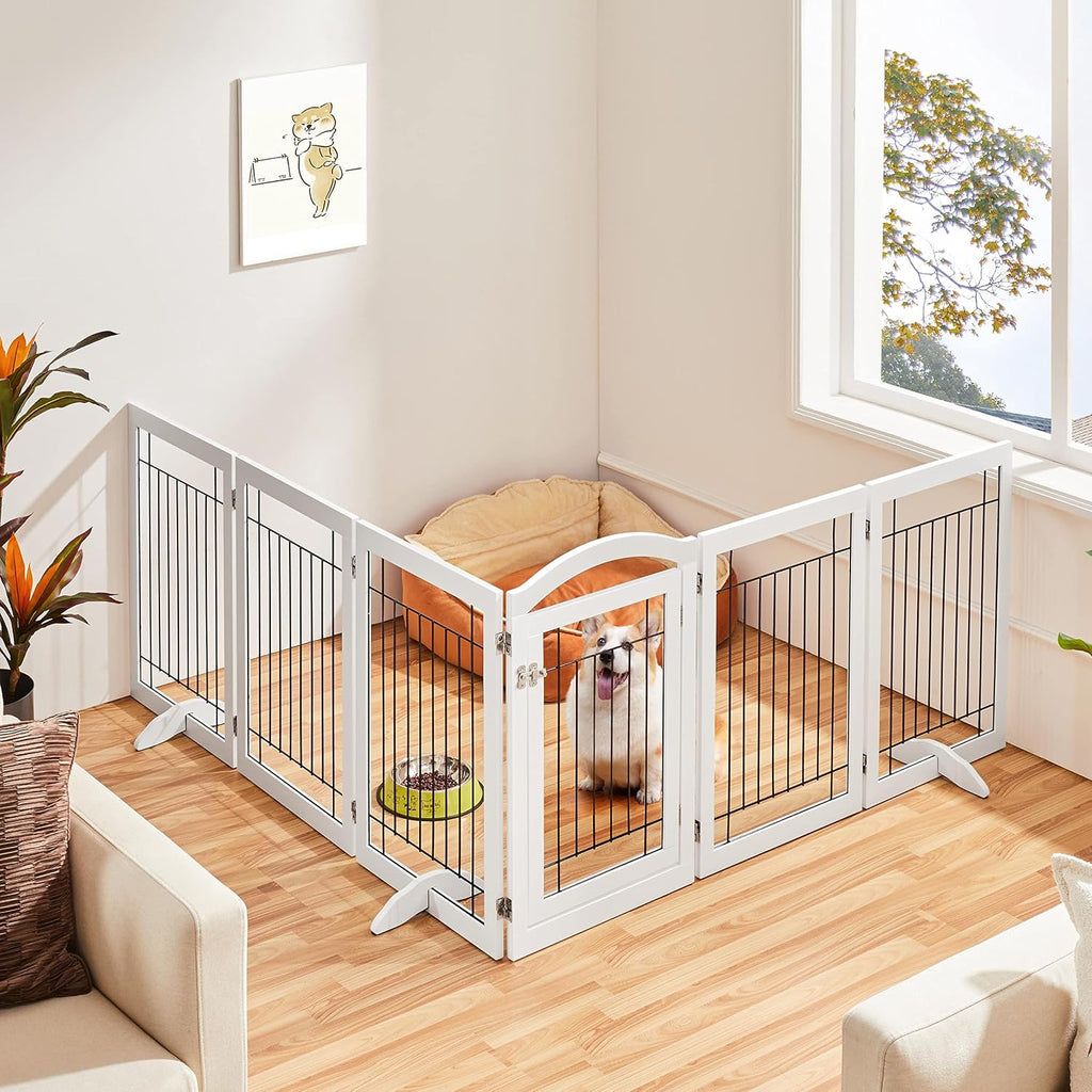 32-inch Tall Dog Gate with Door Extra Wide Pet Gate for Dogs, Foldable Wire & Wooden Puppy Safety Fence w/3 Support