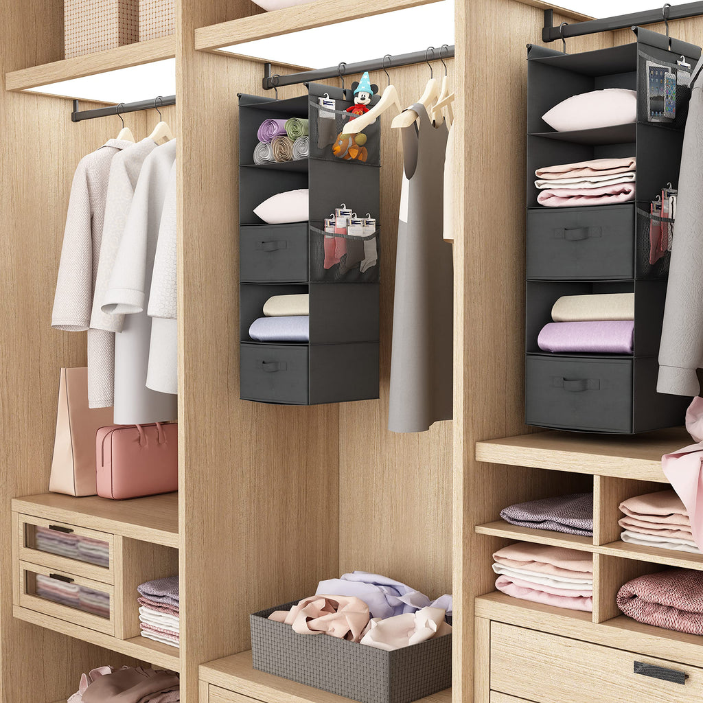 5 Tier Shelf Hanging Closet Organizer, Cloth Hanging Shelf with 2 Sturdy Hooks for Storage, Foldable (Grey-D2)