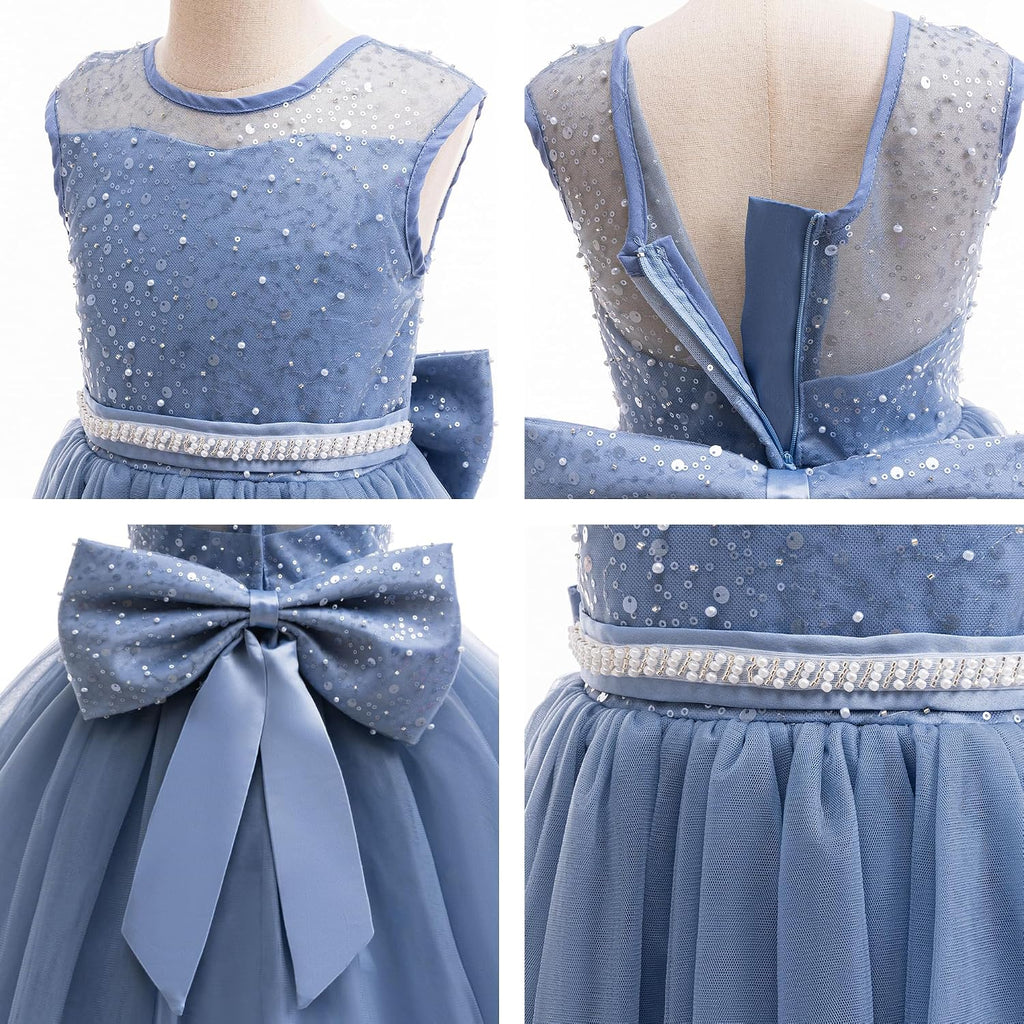Sequin Tulle Dress Formal Pageant Sparkly Birthday Party Wedding Guest Ball Gown Dresses with Bow