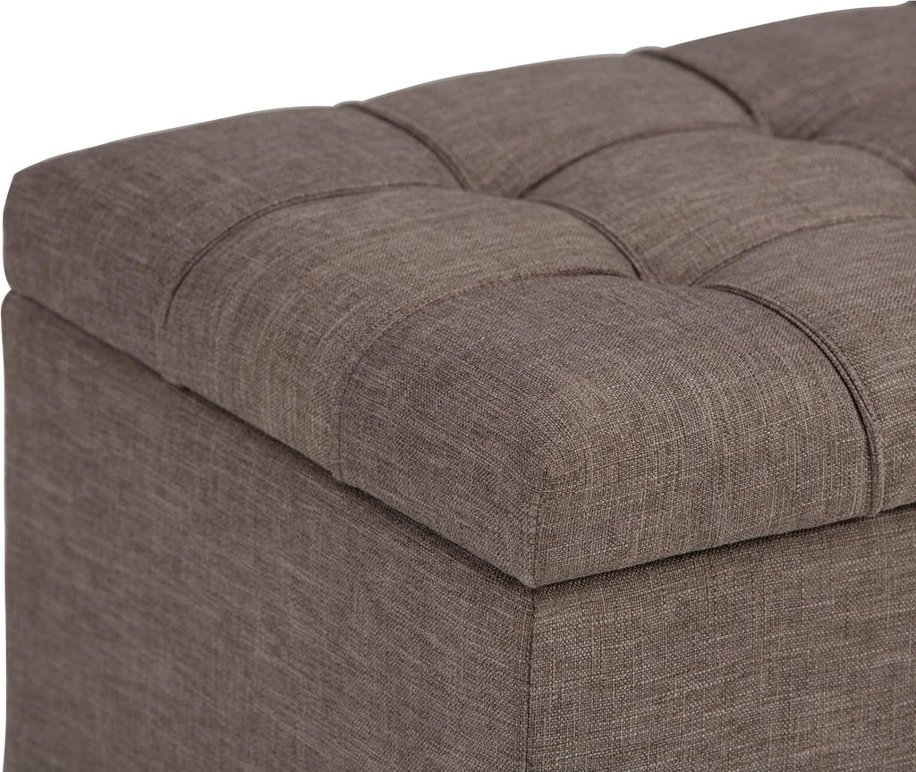 Sienna 33" Wide Vegan Leather Storage Ottoman in Satin Cream | Tanners brown, transitional ottoman with tufting and