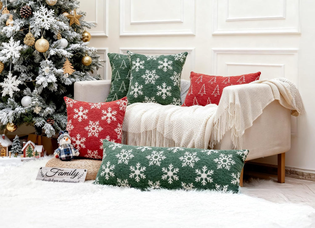 Soft Chenille Christmas Reversible Throw Pillow Covers 12x20, Holiday Double-Sided Snowflake & Tree Cushion - Set of 2