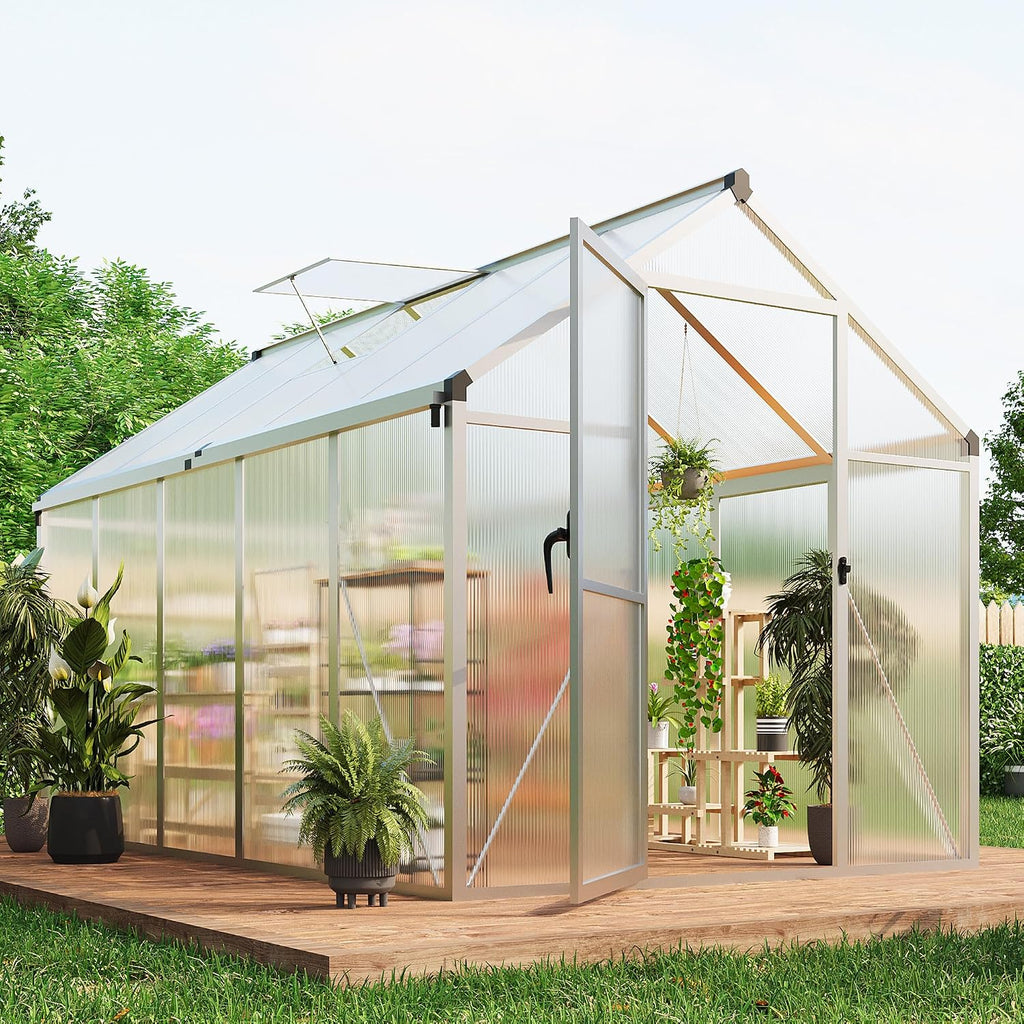 6X10 FT Greenhouse for Outdoors, Large Walk-in Polycarbonate Greenhouse Kit, Aluminum Frame, Lockable Door, Roof
