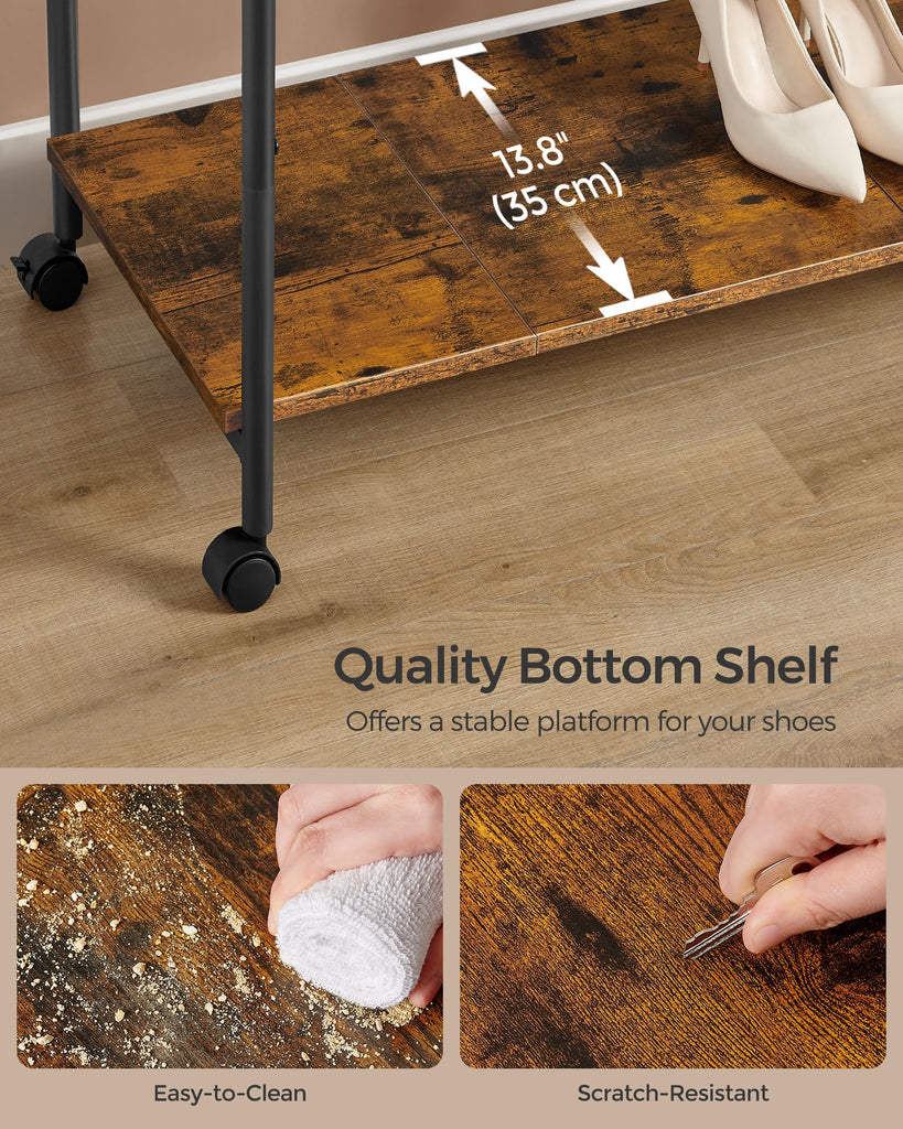 Clothes Rack with Wheels, Steel Garment Rack with Shelf