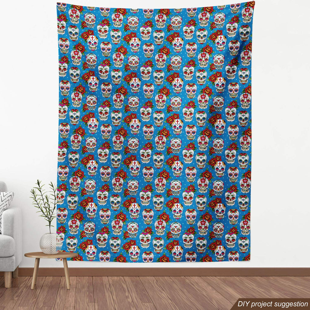 Sugar Skull Fabric by The Yard, Retro Style Mexican Cultural Pattern on Polka Dots Rose Bouquets Skeletons
