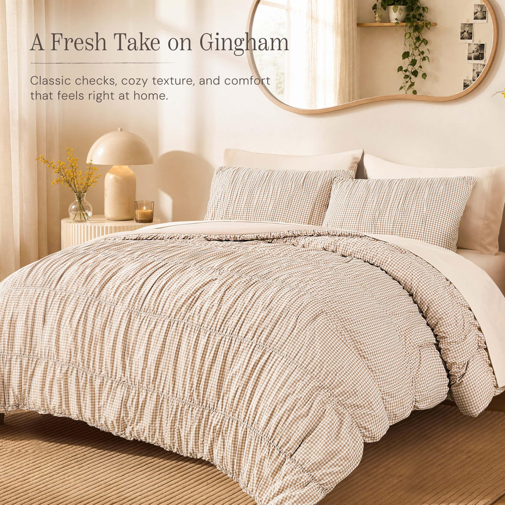 Tan Gingham Comforter Sets - 3 Pieces Ruched Bedding