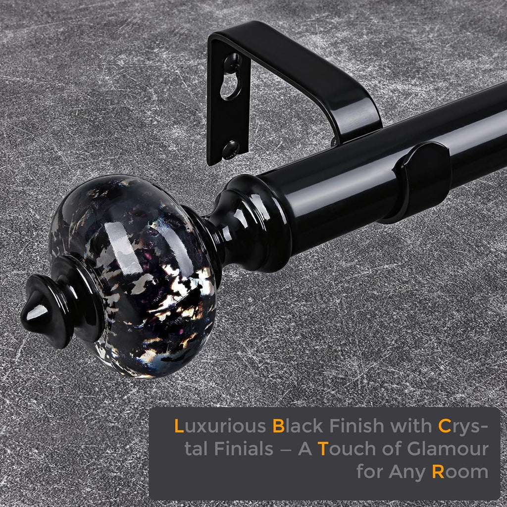 Black Curtain Rod for Windows 48 to 84 Inches, 1'' Heavy Duty Adjustable Modern Drapery Rods with Unique Crystal