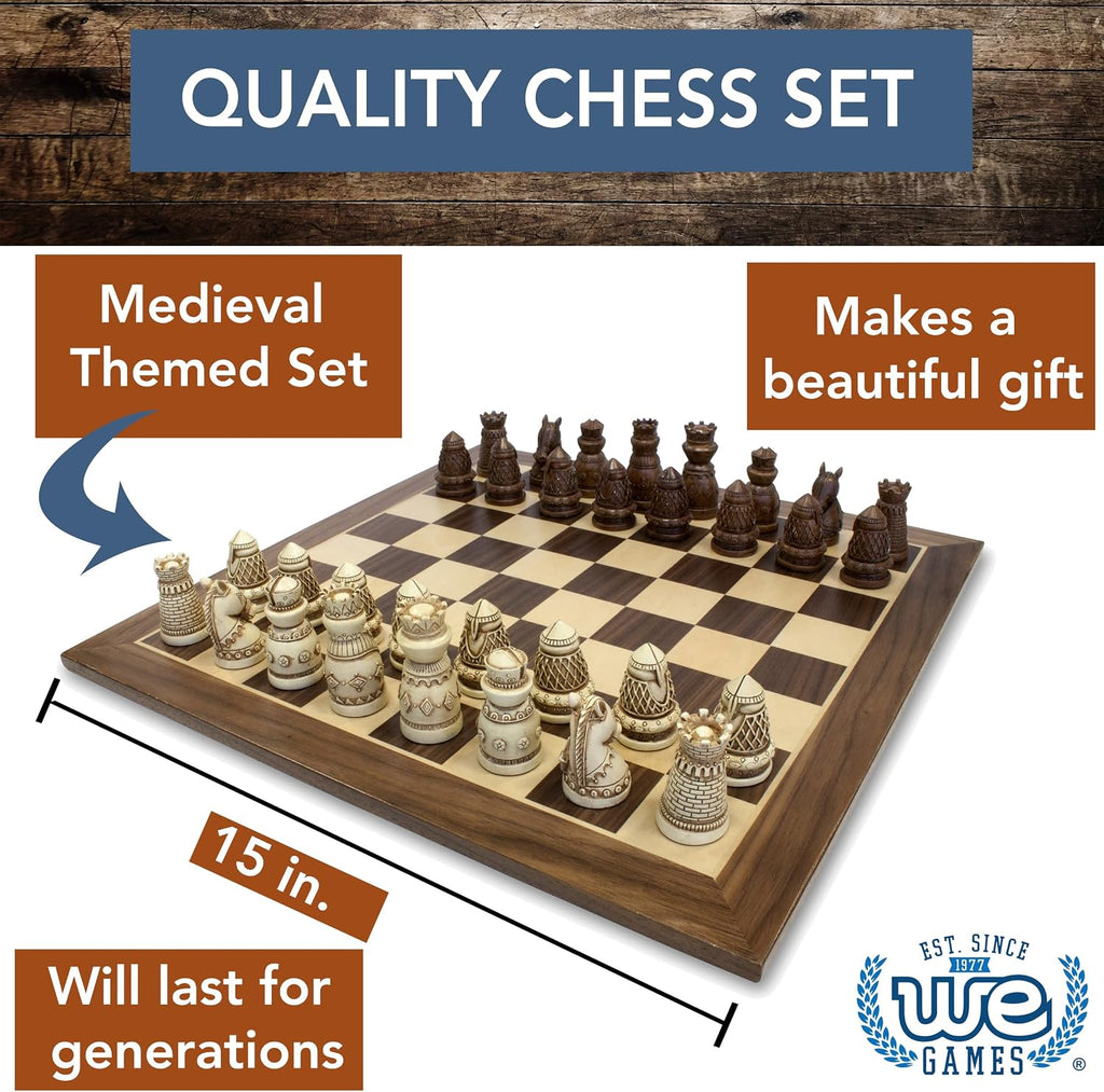 Medieval Themed Chess Set - Wooden Chess Board with Intricate Polystone Chess Pieces, Chess Sets for Adults, 15 in.