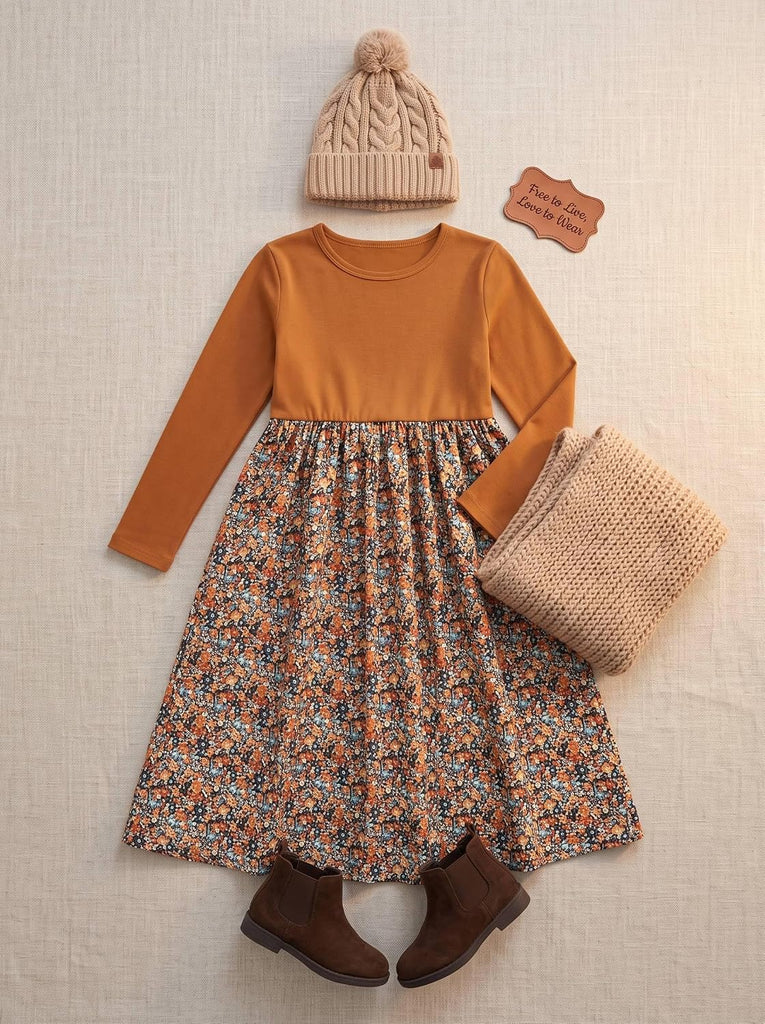 Floral Fall Midi Dresses for Tweens Pockets Party