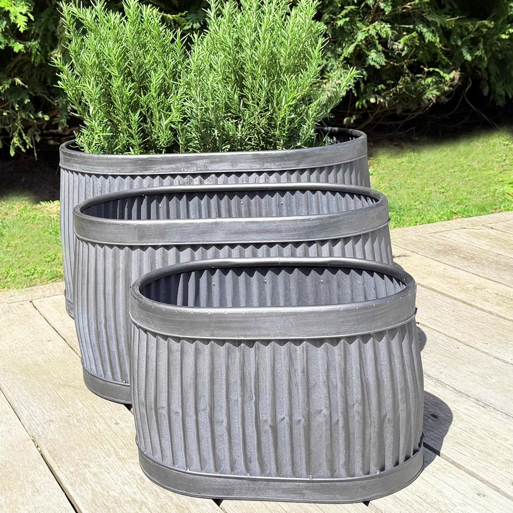French Country Oval Chubby Belly Planters, Grey, Set of 3, 24.5, 20, 14.5 "