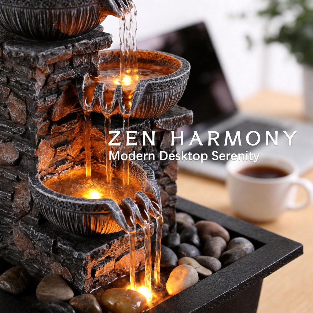 Tabletop Fountain 3 Bowls with LED Light Soothing Water Flowing Sound Fountain Zen/Meditation Decor Home Décor