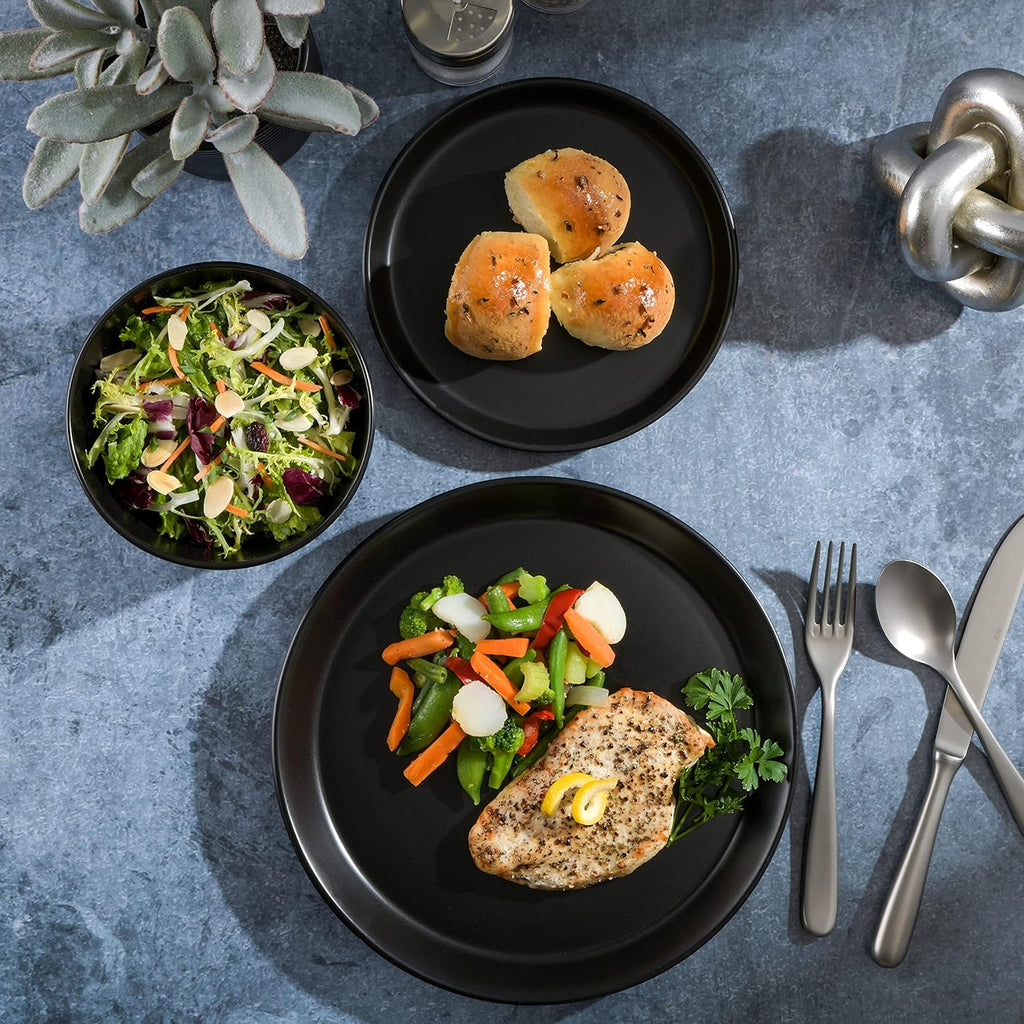 Sofia Coupe 12-Piece Stoneware Dinnerware Set, Service for 4 - Black Plates and Bowls