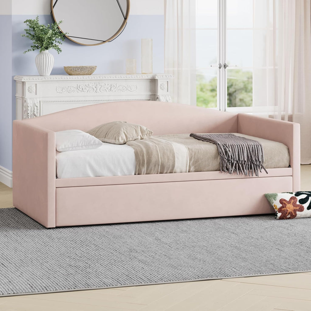 Twin Velvet Daybed with Extended Pop-Up Trundle, Pink | Upholstered Sofa Bed with Space-Saving Twin-to-King Design