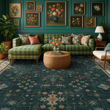 Dark Green Vintage Washable Rugs - Dark Academia Victorian Floral Geometric Bedroom Rug, Ultra Soft Thin Low