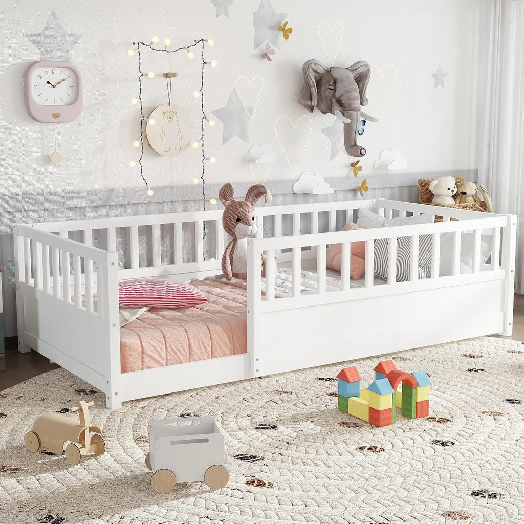 Twin Size Kids Montessori Floor Bed Frame with High Fence,White | Solid Wood,Full Surround Safety Guardrails,Slat