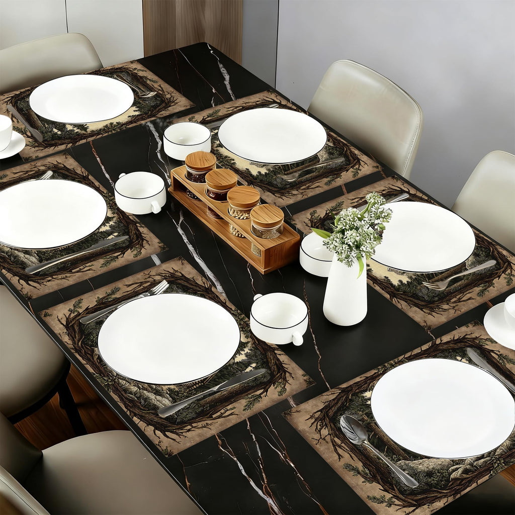 Forest Bear Cloth Placemats,Vintage Wildlife Heat-Resistant Table Placemats Set of 6, Washable Linen Place Mats Table