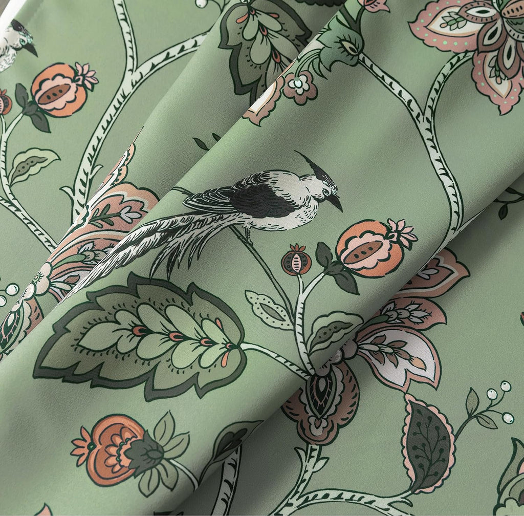 Green and White Curtains 96 Inches Long 2 Panel Set for Bay Window,70% Blackout Eclectic Art Nouveau Print Floral
