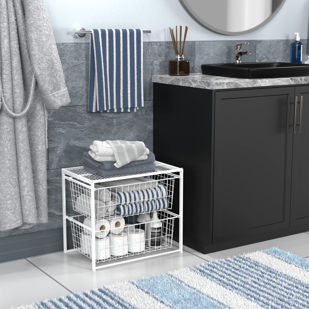 Wire Basket 2 Drawer Organizer Unit with Shelf for Pantry, Closet, Clothes, Linens, Sturdy Steel, Easy Assembly, White