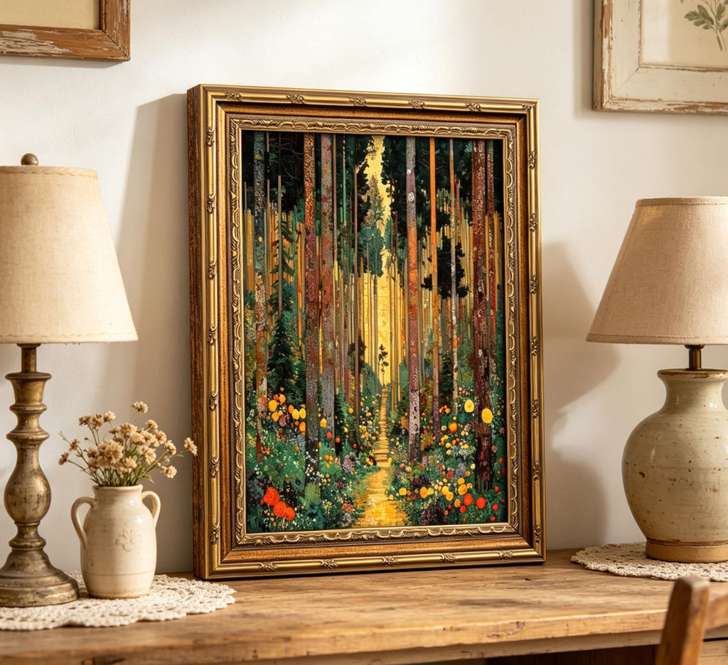 Vintage Gold Framed Forest Wall Art, Tree Path Art Nouveau Canvas Print, Abstract Nature Landscape Picture Wall