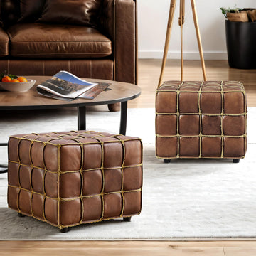 Tufted Square Ottoman Leather Footstool Modern Foot Rest Cognac