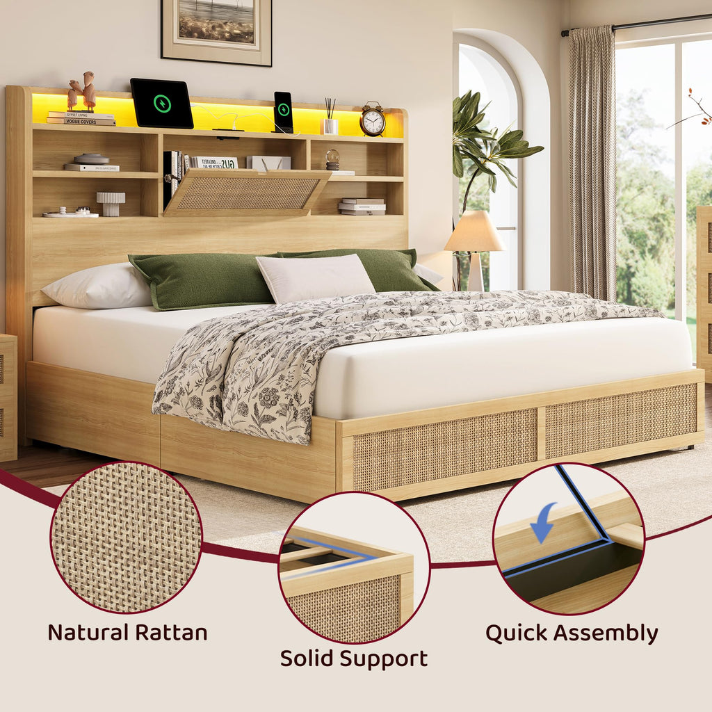 King Size Rattan Bed Frame with 4 Storage Drawers and 51.3" Tall Hidden Storage Headboard Wooden Platform Bed Frame