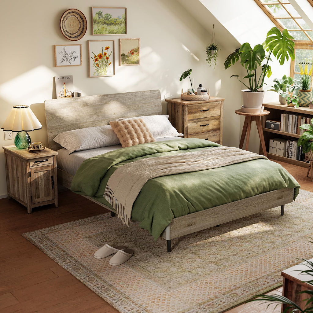Queen Bed Frame with Ergonomic Headboard, Farmhouse Wood Bed Frame Queen Size with Storage Shelf, Noise-Free, No Box