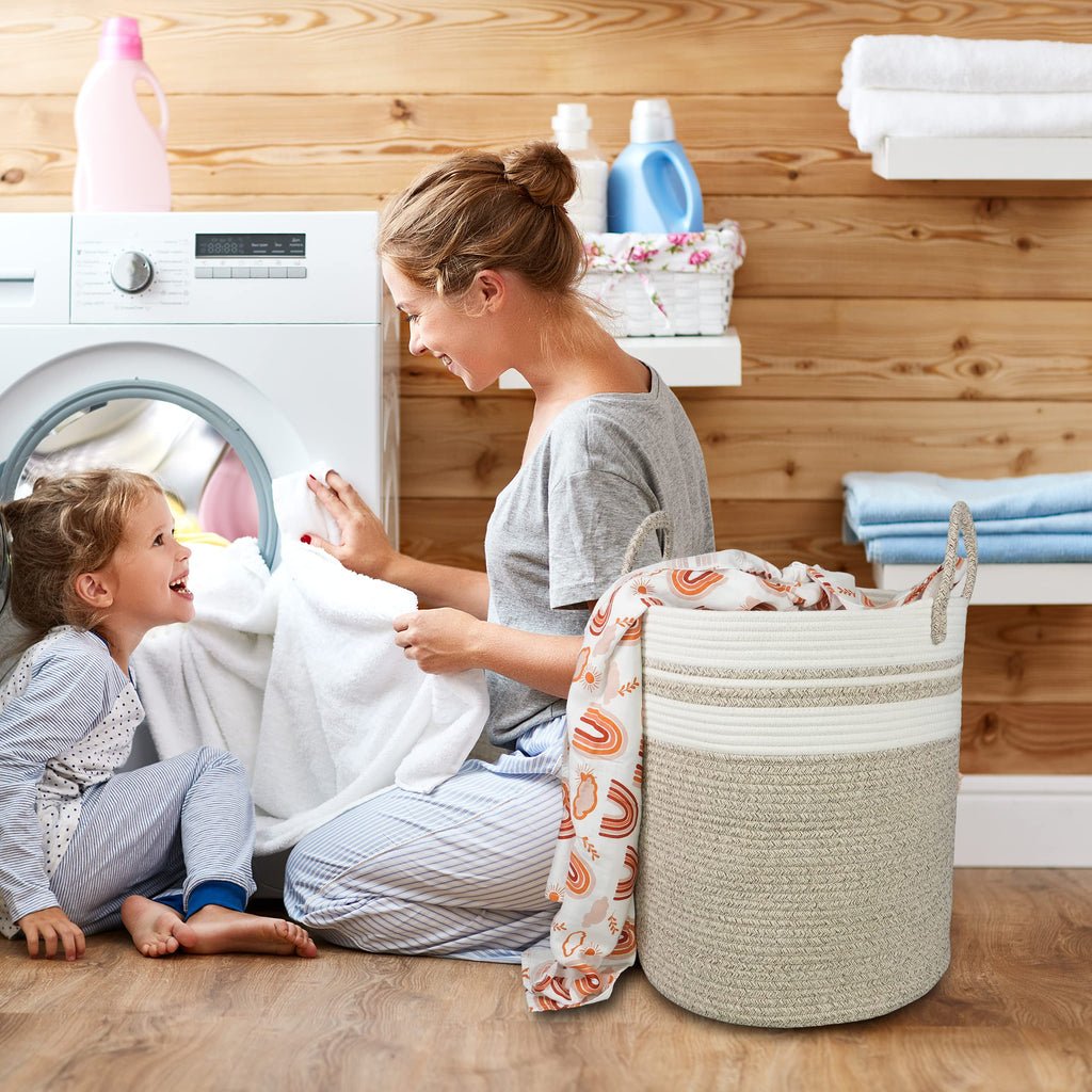 Cotton Rope Laundry Basket Hamper for Clothes Large Brown and White