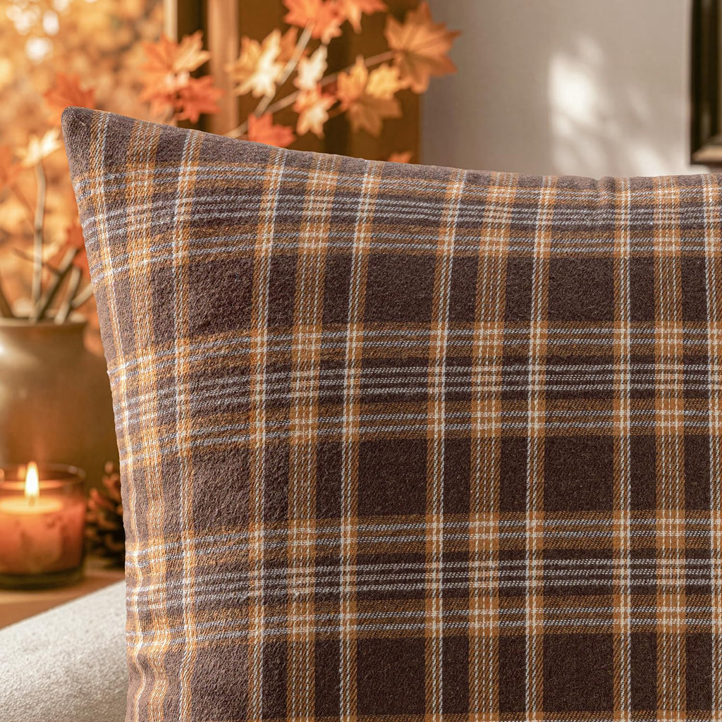 Fall Plaid Pillow Covers Scottish Tartan 20x20 Dark Brown