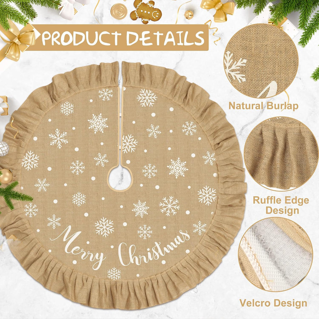 48 Inch Burlap Christmas Tree Skirt Merry Christmas Rustic Tree Skirt with Ruffle Border Xmas White Snowflake Linen