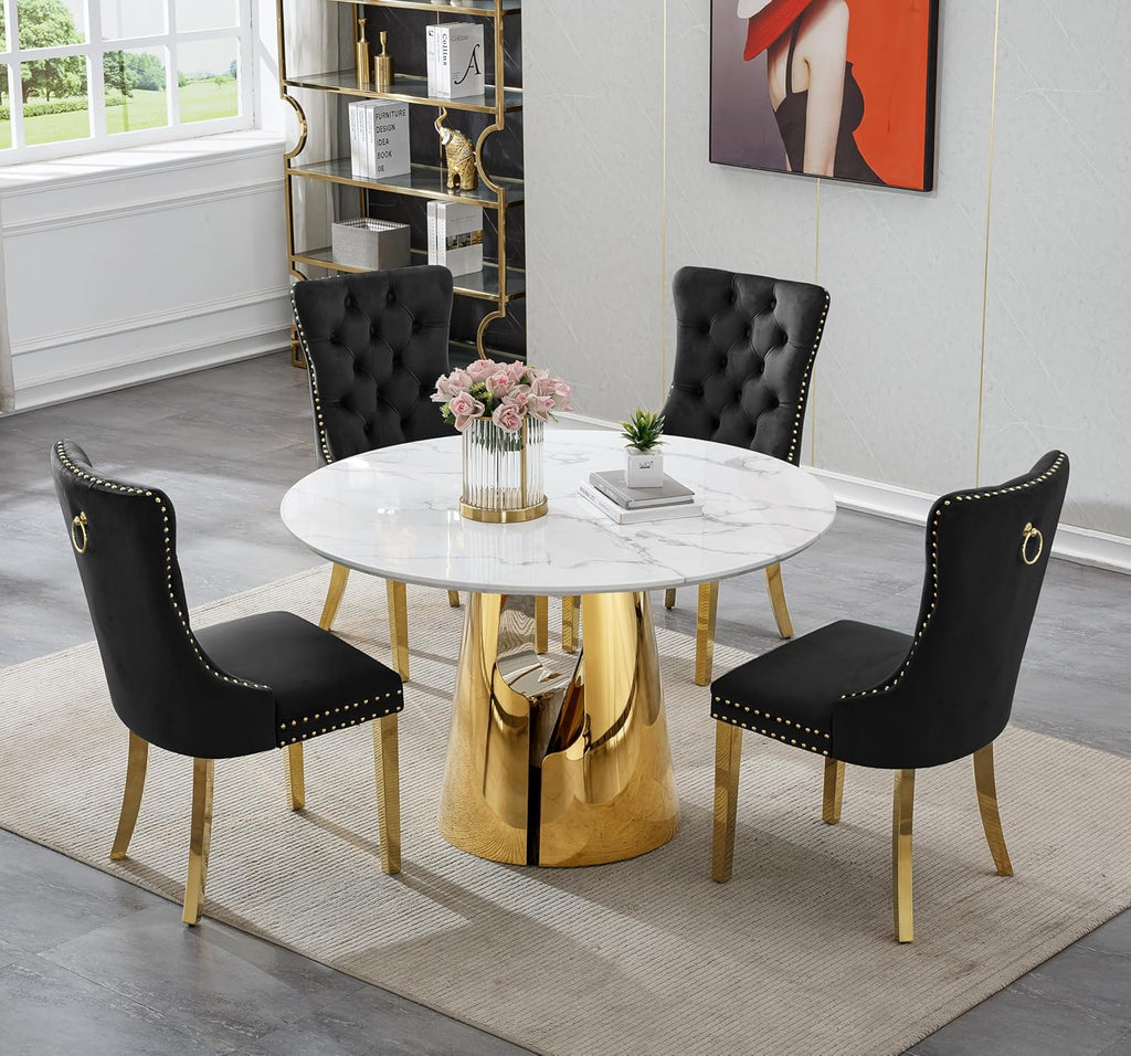 Luxury Marble Round Dining Table for 4-6, White Gold 45" Faux Marble Kitchen Table with Mirrored Stainless Steel