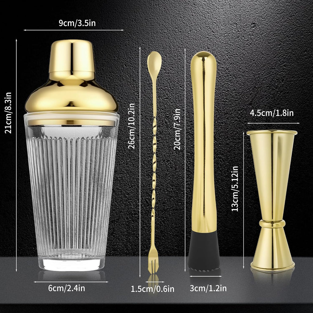 Cocktail Shaker Set 17oz, Gold Glass Martini Shaker with Strainer & Lid, Durable Bar Tools Bartenders, Gift Box