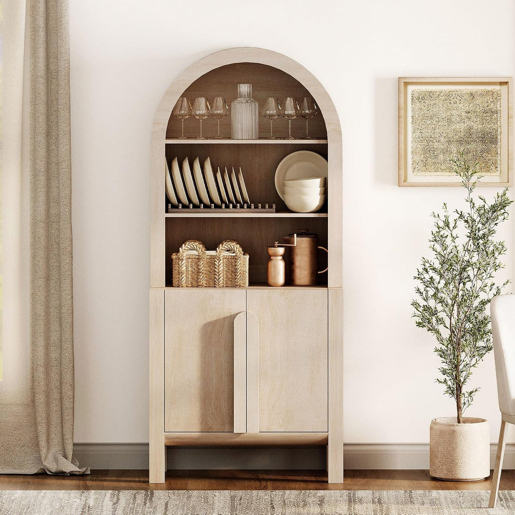 71" Tall Arched Kitchen Pantry Cabinet, 5 Tiers Modern Farmhouse Bookcase with Doors and Adjustable Shelves, Wood