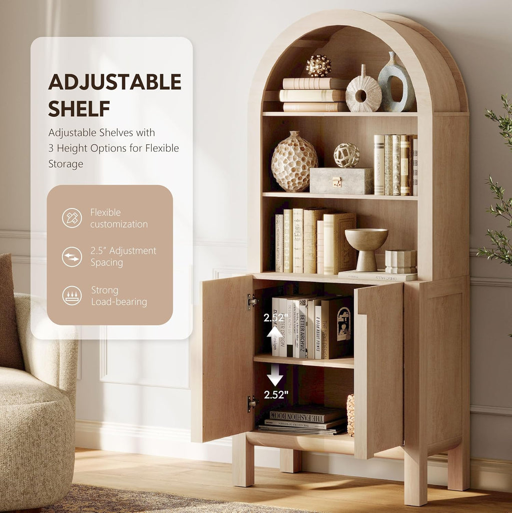 71" Tall Arched Kitchen Pantry Cabinet, 5 Tiers Modern Farmhouse Bookcase with Doors and Adjustable Shelves, Wood
