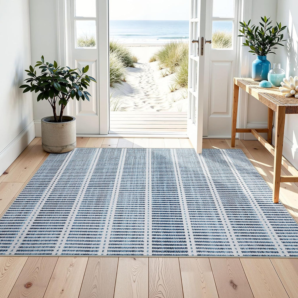 Ultra Thin Modern 3x5 Washable Area Rugs, Non-Slip Small Bedroom Kitchen Rugs, Blue Striped Farmhouse Indoor Carpet