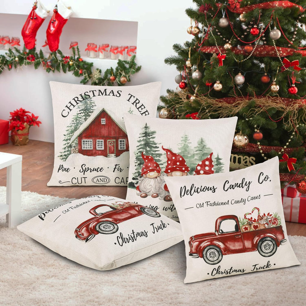 Christmas Throw Pillow Covers 18x18, Merry Christmas Tree Gnome Red Truck Candy Cane Xmas Farmhouse - Set of 4